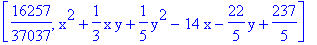 [16257/37037, x^2+1/3*x*y+1/5*y^2-14*x-22/5*y+237/5]